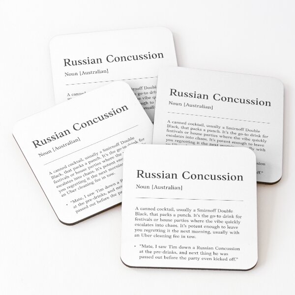 Item preview, Russian Concussion |  Black on white | Funny Australian slang, phrase and humor definition designed and sold by Magic Mango.