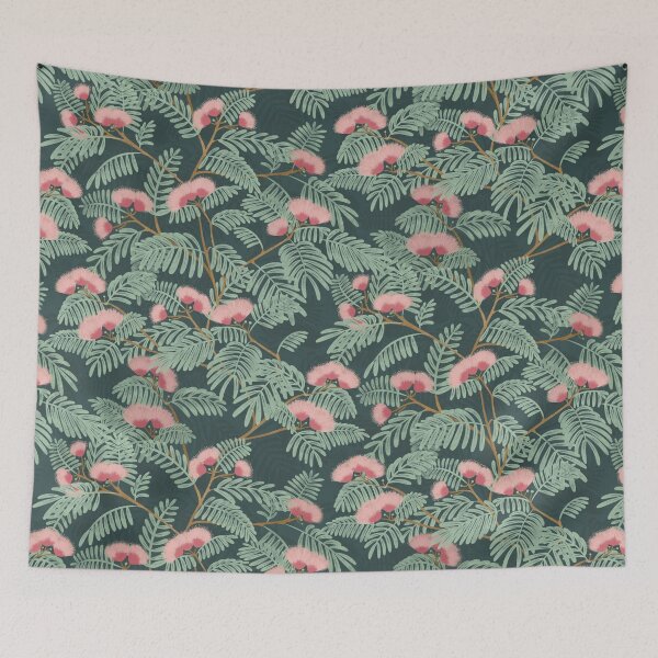 Item preview, Pink mimosa blooming trees Dark teal background designed and sold by trefail.