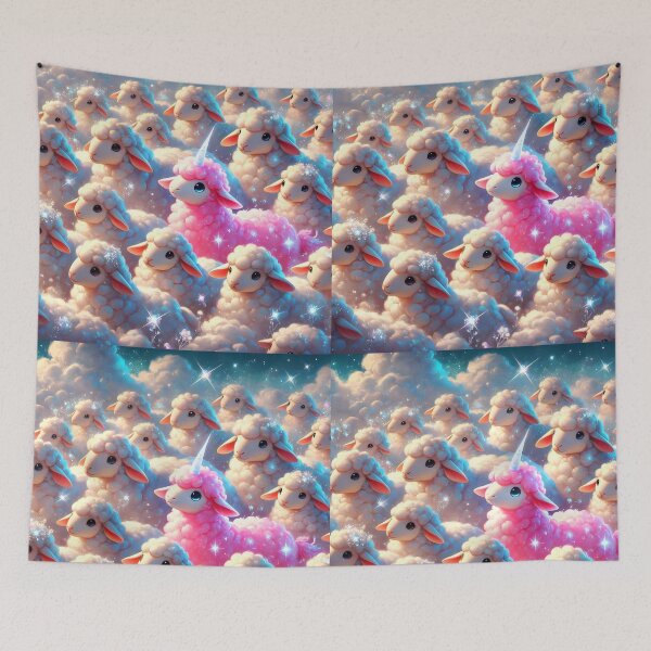 Item preview, Sparkling pink sheepycorn sheep unicorn among ordinary cute white sheeps fantasy digitalart designed and sold by EmeraldeaArt.