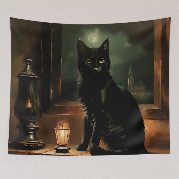 Item preview, Vintage Cat Art: Black Cat in a Gothic Setting | Noir Cat Art | Gothic Art | Cat Art | Cat Oil Painting designed and sold by UnhingedBird.