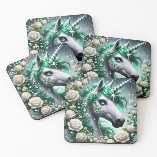 Item preview, Green Emerald bejeweled silver Unicorn horse with white roses sparkling fantasy digitalart designed and sold by EmeraldeaArt.