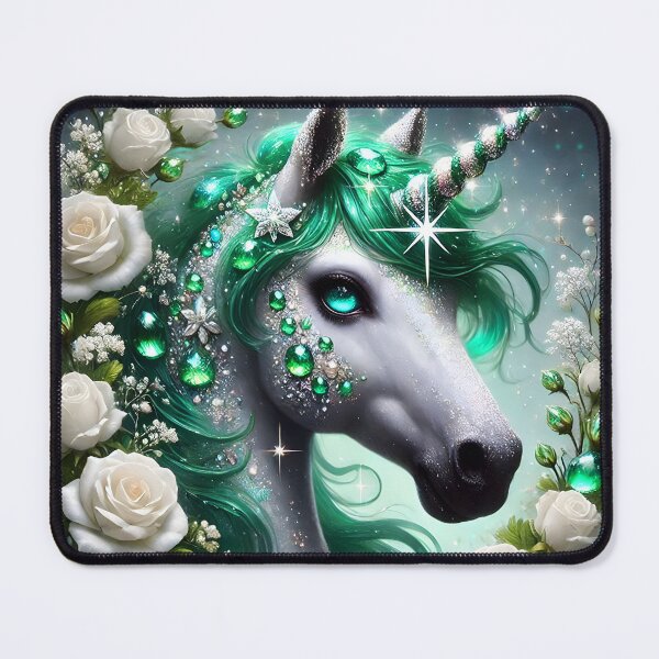 Item preview, Green Emerald bejeweled silver Unicorn horse with white roses sparkling fantasy digitalart designed and sold by EmeraldeaArt.