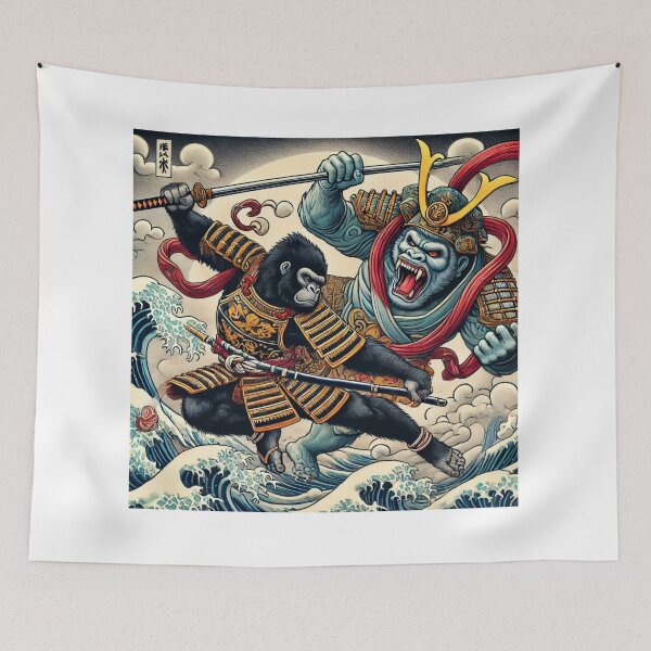 Item preview, Ukiyo-e style depiction of the battle between gorillas and demons designed and sold by B-GORIRA.