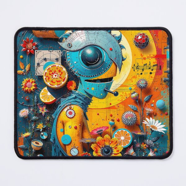 Item preview, Blue Robot Whirls Through Ethereal Chaos and Vivid Symbols designed and sold by PanoramaPrints.