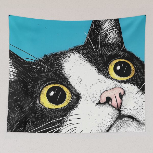 Item preview, Funny Tuxedo Cat Peeking from Corner on Blue Background designed and sold by PurrGreen.