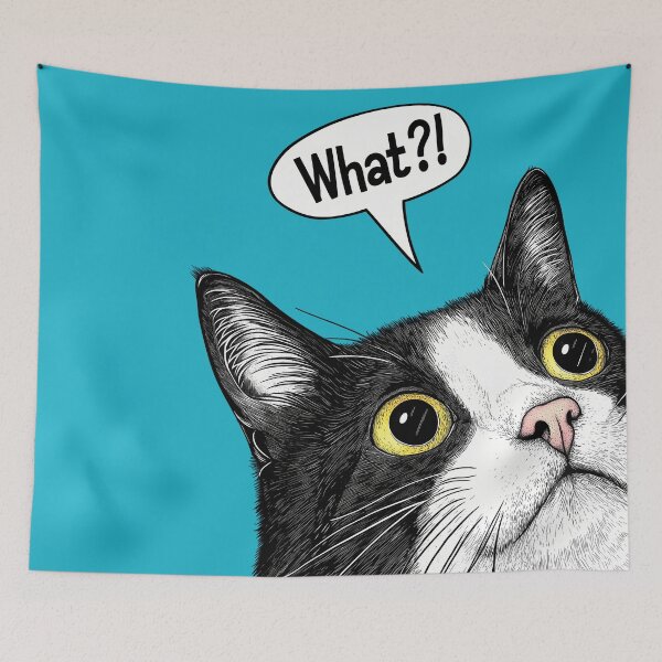 Item preview, What?! Funny Tuxedo Cat Peeking from Corner on Blue Background designed and sold by PurrGreen.