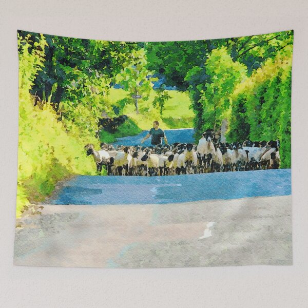 Item preview, Watercolor painting of a shepherd herding sheep in the Lake District designed and sold by GestaltImagery.