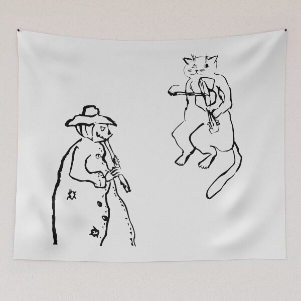 Item preview, Wandering Cat playing on a violin and the Scarecrow - on a flute (black on white version)) designed and sold by Dina Akselrod.