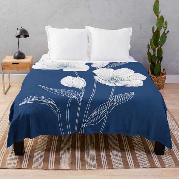 Item preview, Flowers In One Line Art Style & Boho Style - White Colors, Blue Background (no. 1) designed and sold by Animals, Nature & Landscapes.