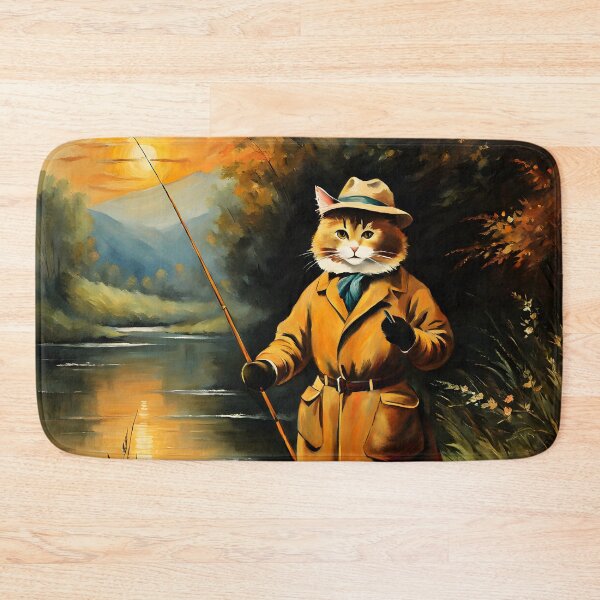 Item preview, Vintage Cat Art: Cat Fisherman in Beautiful River Scenery | Animal Art | Cat Art | Cat Oil Painting designed and sold by UnhingedBird.