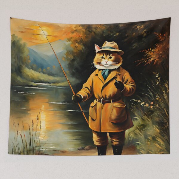 Item preview, Vintage Cat Art: Cat Fisherman in Beautiful River Scenery | Animal Art | Cat Art | Cat Oil Painting designed and sold by UnhingedBird.