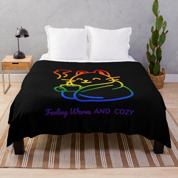 Item preview, Feeling Warm and Cozy, Classic pride flag graphic, Cat wrapped in blanket with cup of tea Graphic, Cat lover , relax, pride, Cute cat, Cozy winter Vibes, me time,  designed and sold by PrideBeProud.