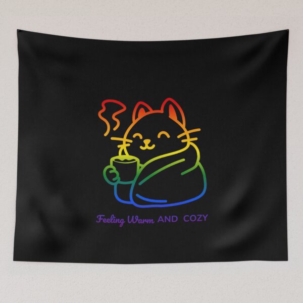 Item preview, Feeling Warm and Cozy, Classic pride flag graphic, Cat wrapped in blanket with cup of tea Graphic, Cat lover , relax, pride, Cute cat, Cozy winter Vibes, me time,  designed and sold by PrideBeProud.