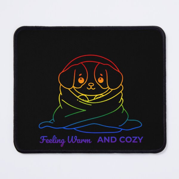 Item preview, Feeling Warm and Cozy, Classic pride flag graphic, Dog wrapped in blanket Graphic, Dog lover , relax, pride, cute puppy, Cozy winter Vibes, me time, designed and sold by PrideBeProud.