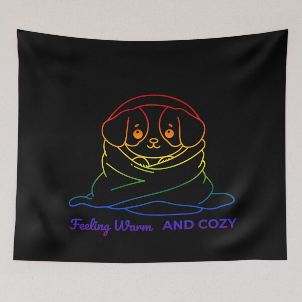 Item preview, Feeling Warm and Cozy, Classic pride flag graphic, Dog wrapped in blanket Graphic, Dog lover , relax, pride, cute puppy, Cozy winter Vibes, me time,  designed and sold by PrideBeProud.