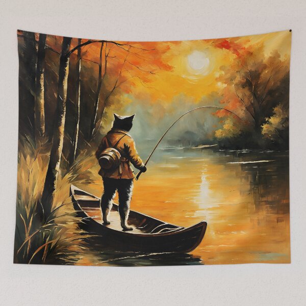 Item preview, Vintage Cat Art: Cat Fisherman in Beautiful River Scenery | Animal Art | Cat Art | Cat Oil Painting designed and sold by UnhingedBird.