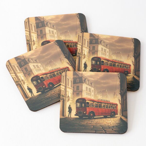 Item preview, Classic Red Bus on Cobblestone Street - Urban Landscape Art designed and sold by iMaheLusion Digital Prints.