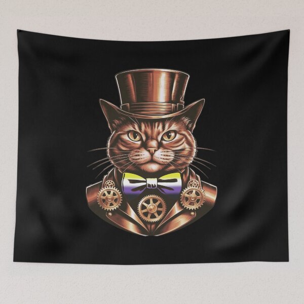 Item preview, Steampunk Cat with Nonbinary Flag Bow Tie – Nonbinary Pride Art Design designed and sold by Travelslightly.