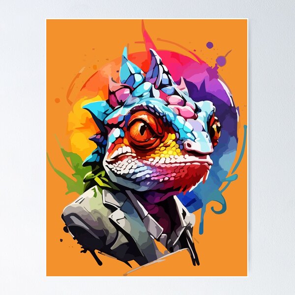 Evolving Hues: Chameleon in Crimson, Blue, and Purple Poster