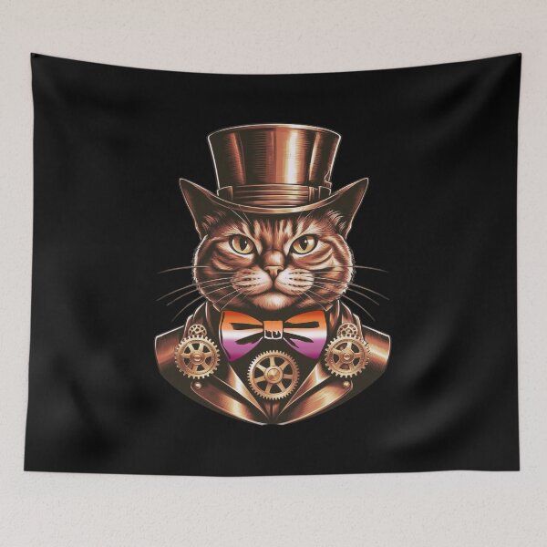 Item preview, Steampunk Cat with Lesbian Flag Bow Tie – Lesbian Pride Art Design designed and sold by Travelslightly.