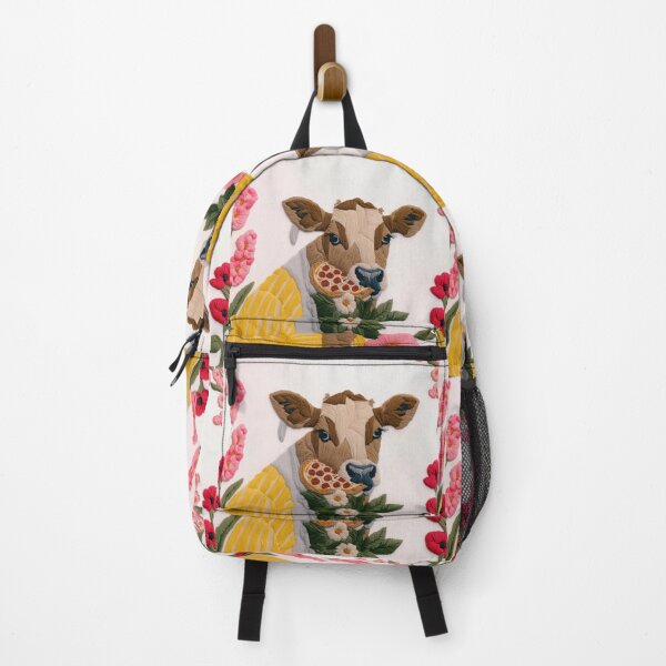 Item preview, Embroidery-Style Cow Eating Pizza with White Bouquet & Floral Surround designed and sold by DoodleEveryday.