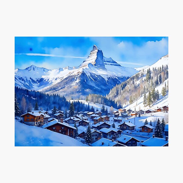 Item preview, Zermatt Matterhorn Swiss Alps Switzerland Ski Town Watercolor designed and sold by Magnolia Valley Art.