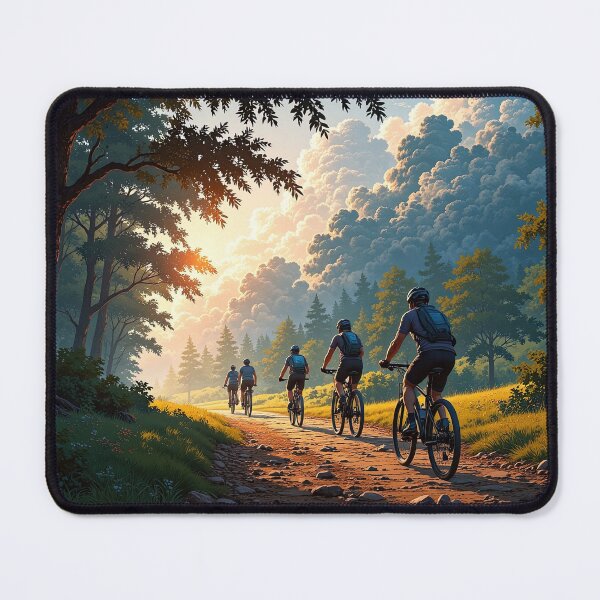 Item preview, Cyclists Riding Through a Forest Trail at Sunset designed and sold by DafGole.