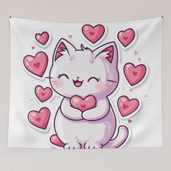 Aperçu de l'œuvre Copie de l'art kawaii de la Saint-Valentin d'un chaton chat mignon qui sort d'un groupe de cœurs, tenant un cœur rouge créée et vendue par TheRedPixels.