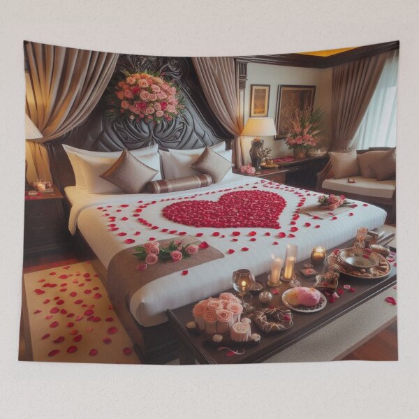Item preview, Romantic Rose Petal Bed – Luxurious Valentine’s Retreat designed and sold by PamsAIArt.