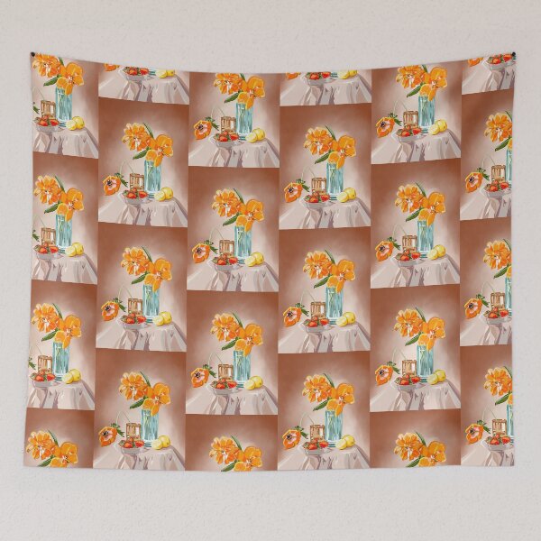 Item preview, Orange Flowers and Fruits in Vase: Stunning Still Life Illustration designed and sold by Pandositive.
