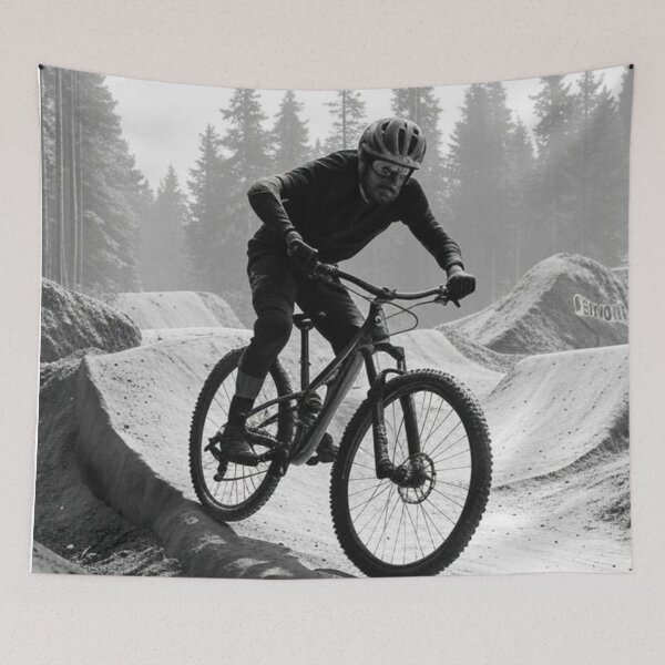 Item preview, Black and White MTB Rider – Full Send Down the Trail designed and sold by GrizzlyCollective.