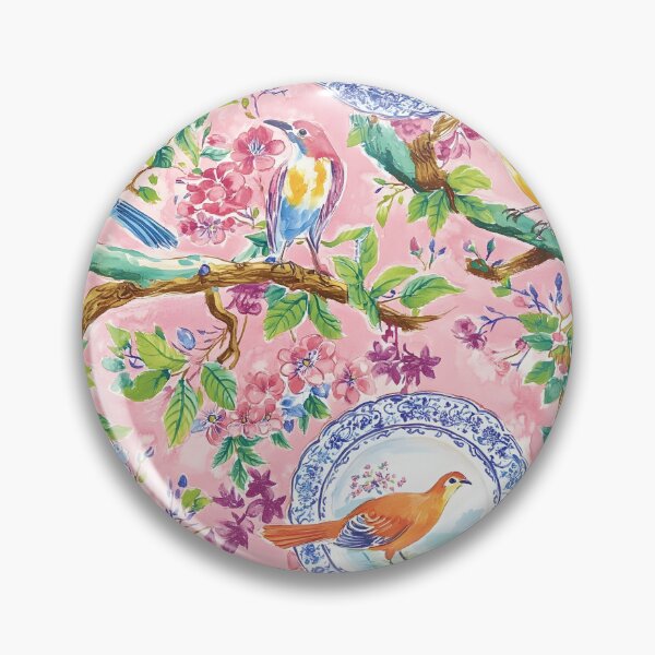 Item preview, Chinoiserie birds, flowers and plates on blush pink watercolor painting designed and sold by SophieClimaArt.