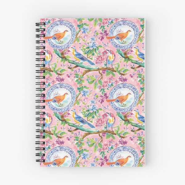 Item preview, Chinoiserie birds, flowers and plates on blush pink watercolor painting designed and sold by SophieClimaArt.