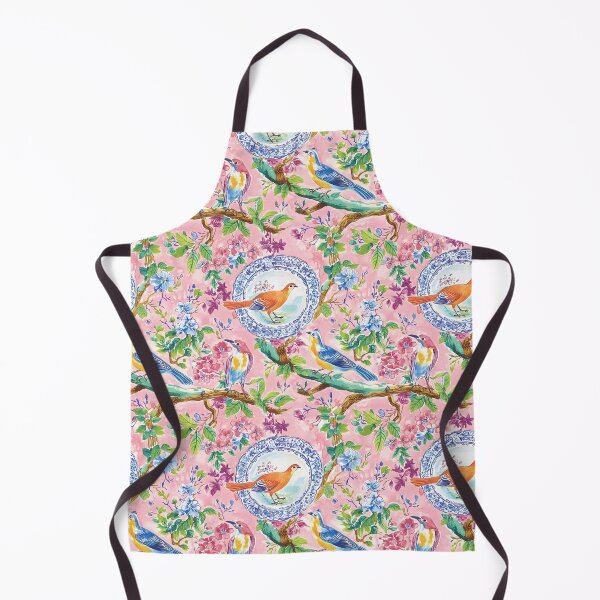 Item preview, Chinoiserie birds, flowers and plates on blush pink watercolor painting designed and sold by SophieClimaArt.