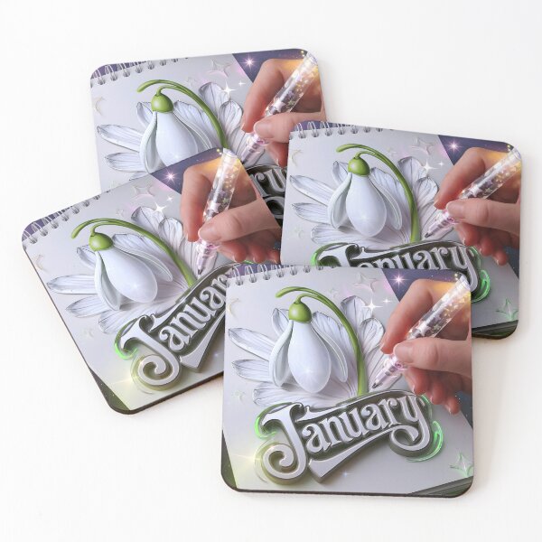 Item preview, January journal page with a delicate snowdrop as a hand drawing it with a glowing pen designed and sold by EmeraldeaArt.
