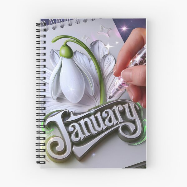 Item preview, January journal page with a delicate snowdrop as a hand drawing it with a glowing pen designed and sold by EmeraldeaArt.