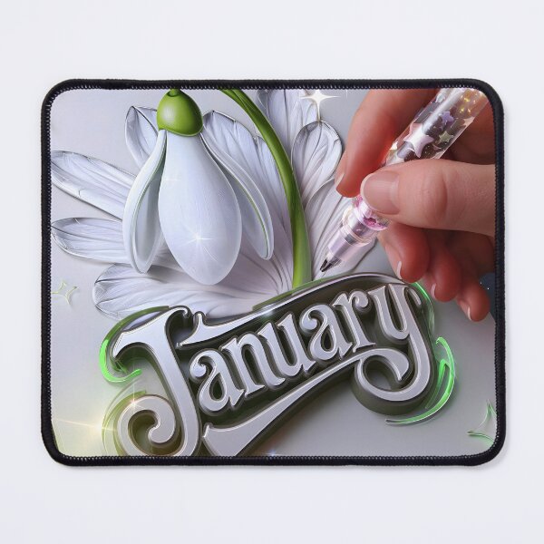 Item preview, January journal page with a delicate snowdrop as a hand drawing it with a glowing pen designed and sold by EmeraldeaArt.