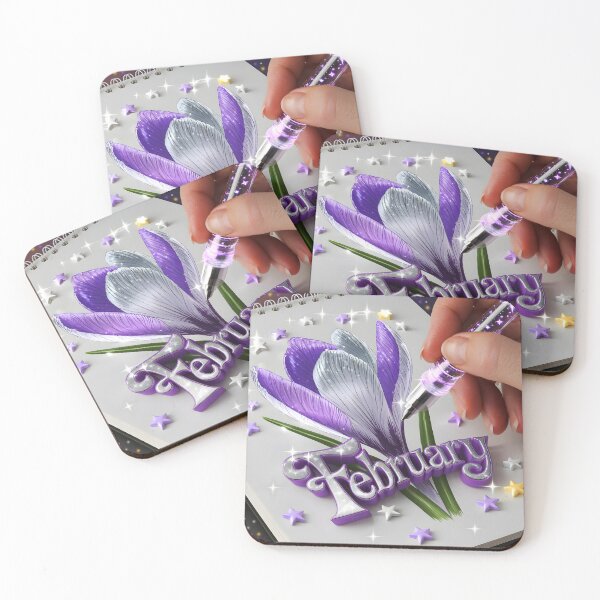 Item preview, February journal page with a delicate purple crocus flower while a hand drawing it with a glowing pen designed and sold by EmeraldeaArt.