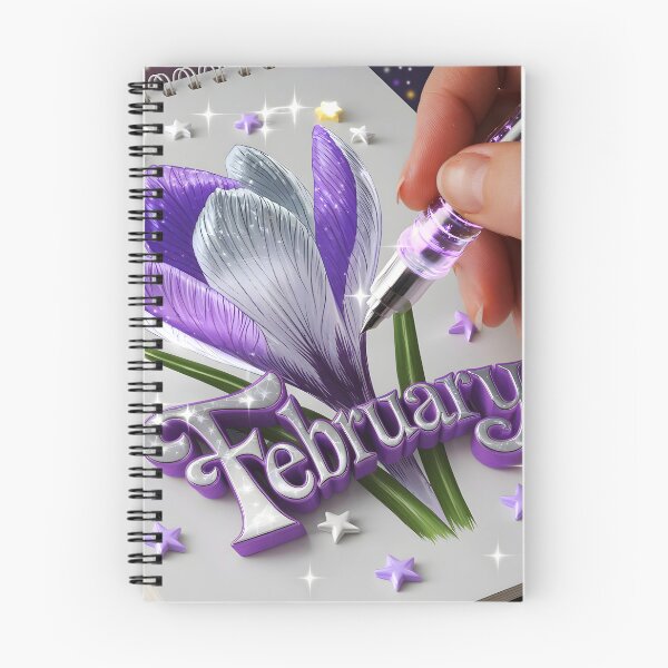 Item preview, February journal page with a delicate purple crocus flower while a hand drawing it with a glowing pen designed and sold by EmeraldeaArt.