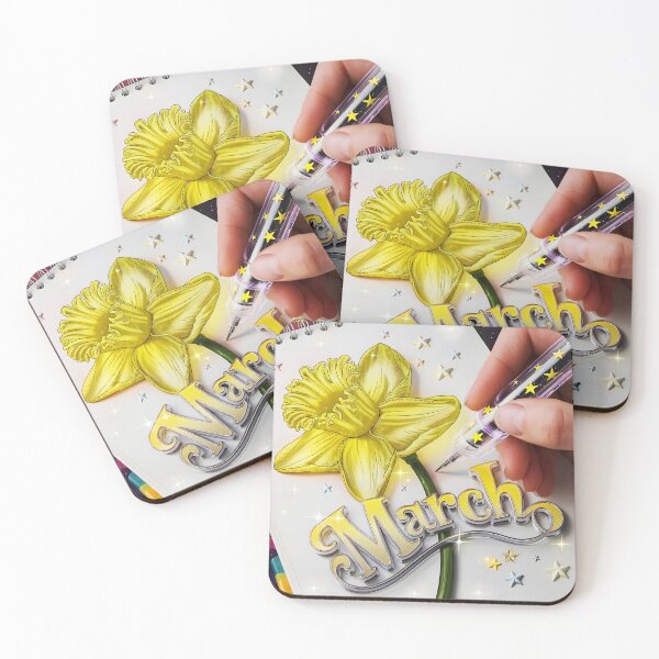 Item preview, March journal page with a delicate yellow daffodil flower while a hand drawing it with a glowing pen designed and sold by EmeraldeaArt.