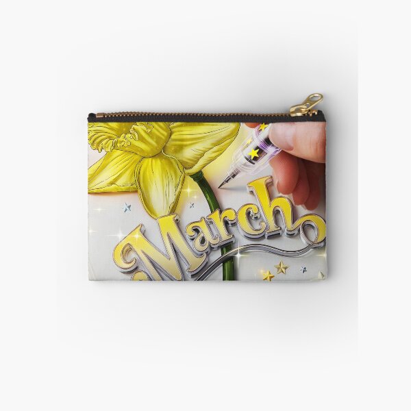 Item preview, March journal page with a delicate yellow daffodil flower while a hand drawing it with a glowing pen designed and sold by EmeraldeaArt.