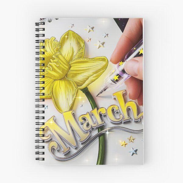 Item preview, March journal page with a delicate yellow daffodil flower while a hand drawing it with a glowing pen designed and sold by EmeraldeaArt.