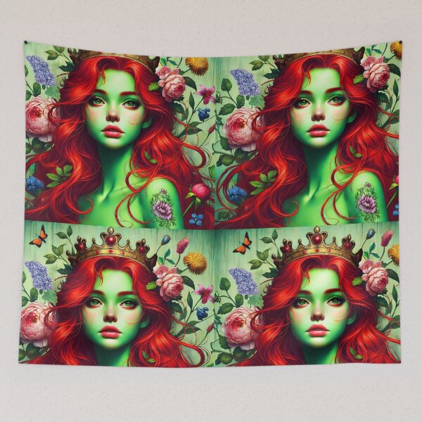 Item preview, Green skin floral tattoo Princess with red hair flowers and crown fantasy digitalart designed and sold by EmeraldeaArt.