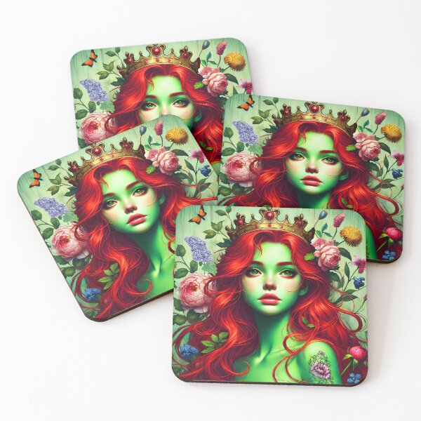 Item preview, Green skin floral tattoo Princess with red hair flowers and crown fantasy digitalart designed and sold by EmeraldeaArt.