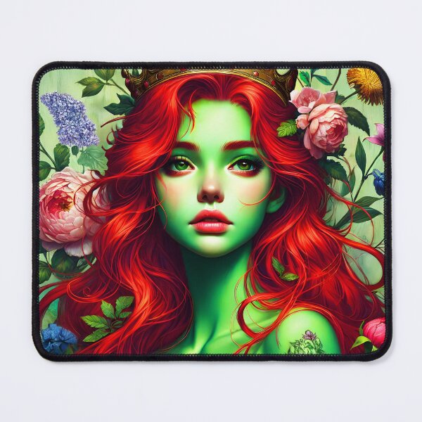 Item preview, Green skin floral tattoo Princess with red hair flowers and crown fantasy digitalart designed and sold by EmeraldeaArt.