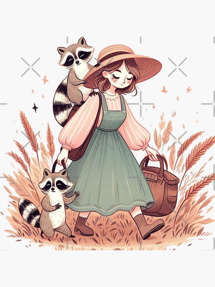 Thumbnail 3 of 3, Sticker, The Girl and Her Raccoon Friends in picnic designed and sold by Coollzone.