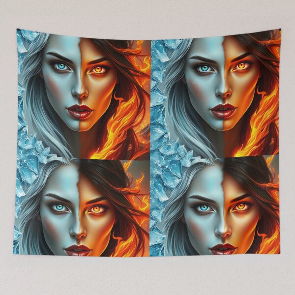 Item preview, Fire and Ice realistic half divided face digitalart designed and sold by EmeraldeaArt.