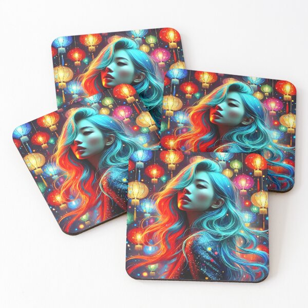 Item preview, Asian colorful lamps teal hair girl portrait digitalart designed and sold by EmeraldeaArt.