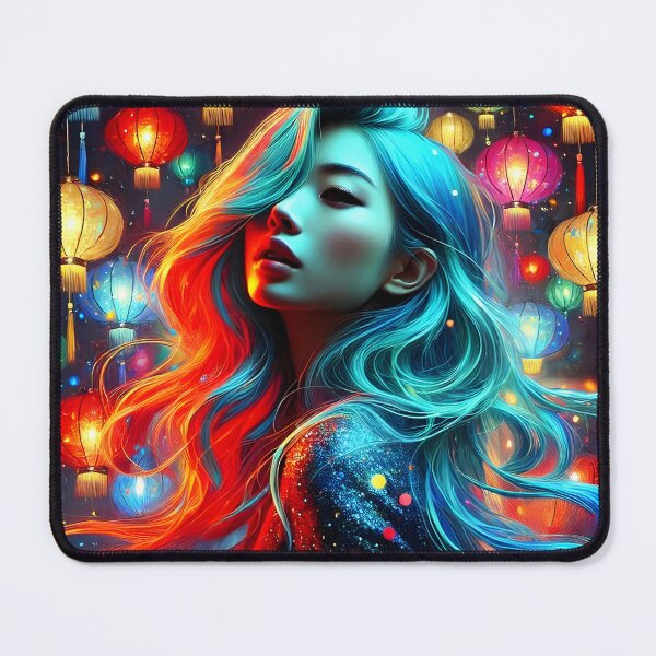 Item preview, Asian colorful lamps teal hair girl portrait digitalart designed and sold by EmeraldeaArt.