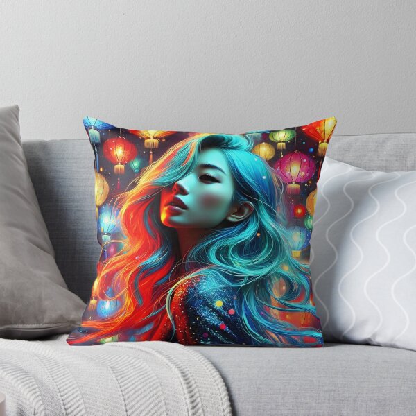 Item preview, Asian colorful lamps teal hair girl portrait digitalart designed and sold by EmeraldeaArt.